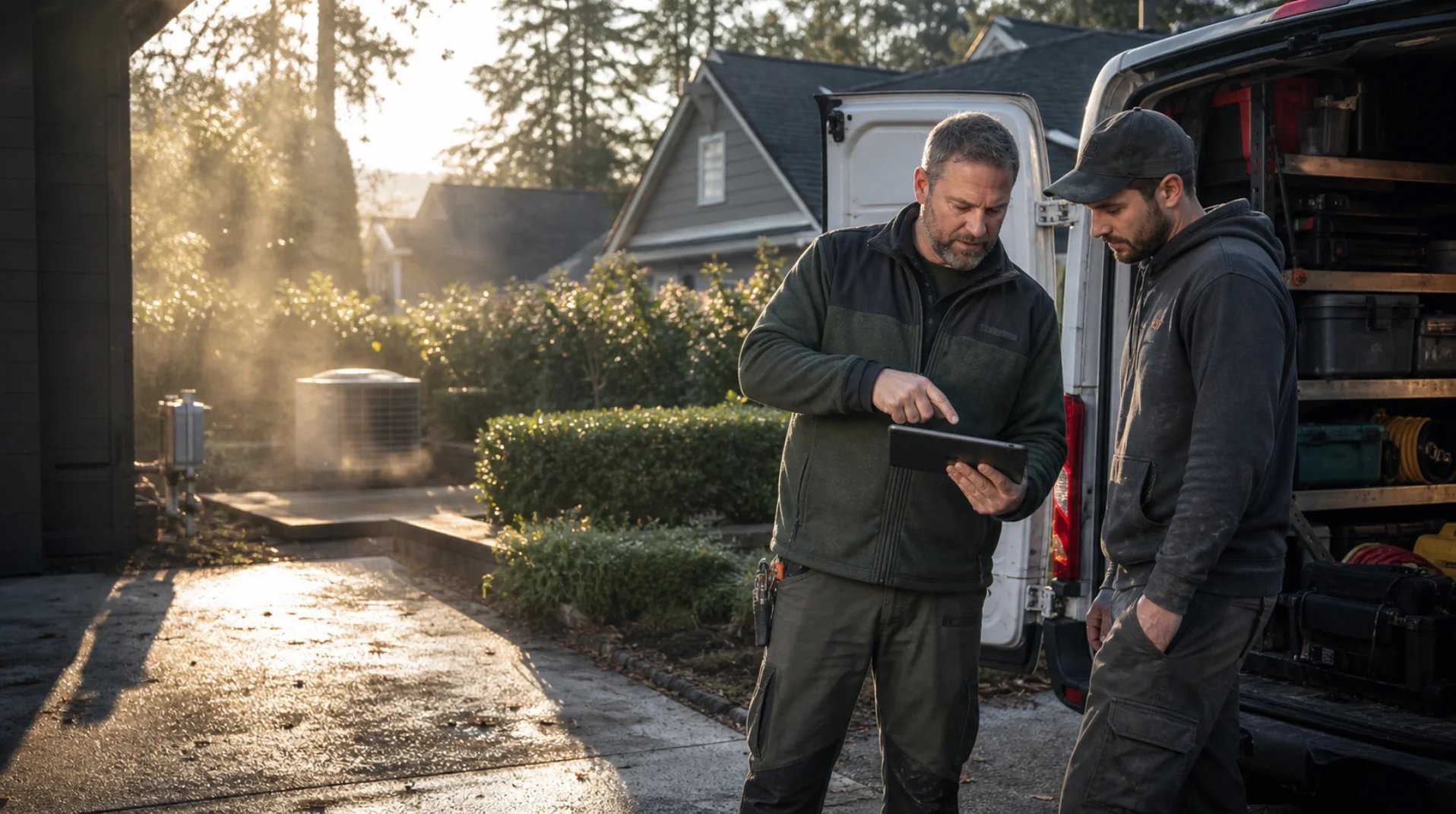 Two home-service professionals reviewing the day beside a service van